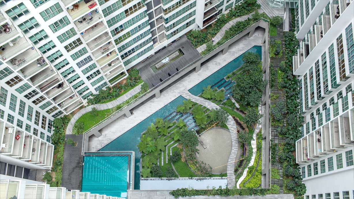 overhead view of an atrium inside a multifamily high rise